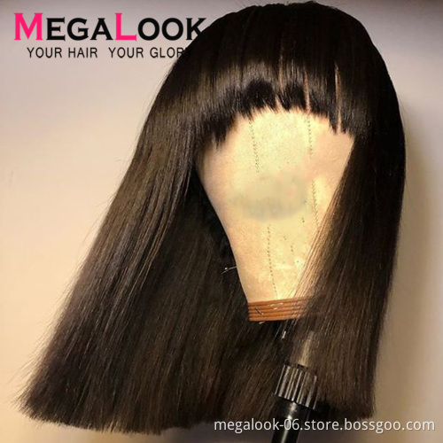 OEM 12 Inch Brazilian Hair Cuticle Aligned 100% Original Human Hair Machine Made Lace Wigs With Bangs